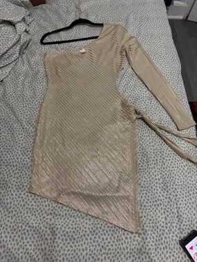 Asymmetrical One-Shoulder Metallic Cream Dress with Side Tie
